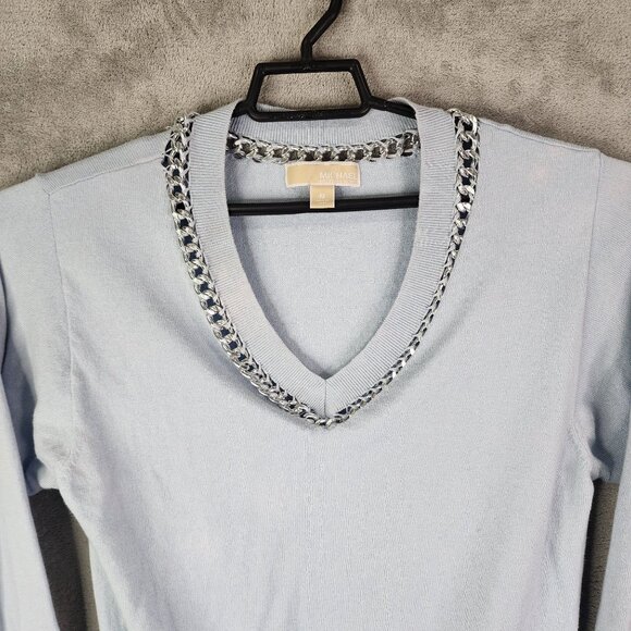 Womens Light Blue Michael Kors Sweater Chain Detail V-Neck Long Sleeve Size M - Picture 4 of 14
